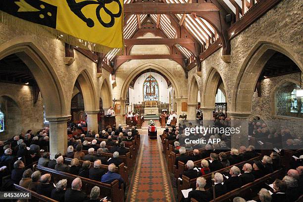 The coffin carrying the body of WWI veteran William Stone sits in church during his funeral at St Leonard's Church on January 29, 2009 in Watlington,...