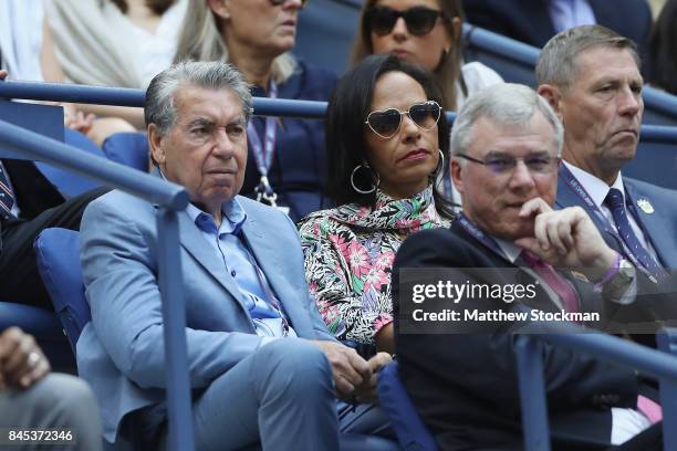 Manuel Santana watches the Men's Singles finals match between Kevin Anderson of South Africa and Rafael Nadal of Spain on Day Fourteen of the 2017 US...