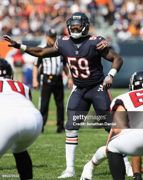 Danny Trevathan of the Chicago Bears calls signals against the Atlanta Falcons during the season opening game at Soldier Field on September 10, 2017...