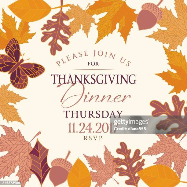 hand drawn fall leaves background with thanksgiving dinner invitation - ash tree stock illustrations