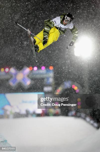 Duncan Adams of Breckenridge, Colorado practices for the Men's Skiing Superpipe at Winter X Games 13 on Buttermilk Mountain on January 22, 2008 in...