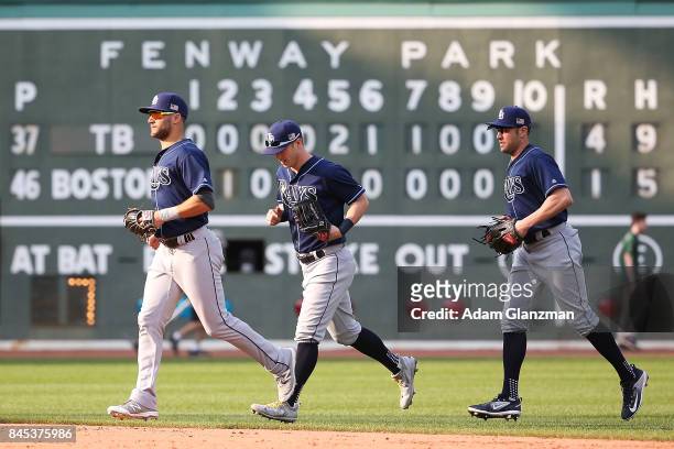 Corey Dickerson, Kevin Kiermaier and Peter Bourjos of the Tampa Bay Rays react after a victory over the Boston Red Sox at Fenway Park on September...