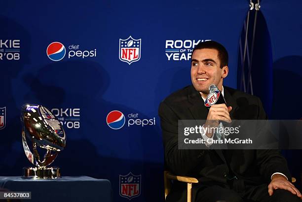 Joe Flacco of the Baltimore Ravens talks during the "Diet Pepsi Rookie of the Year" press conference at the Tampa Convention Center on January 29,...