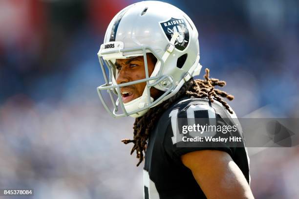 Wide receiver Seth Roberts of the Oakland Raiders against the Tennessee Titans in the second half at Nissan Stadium on September 10, 2017 In...