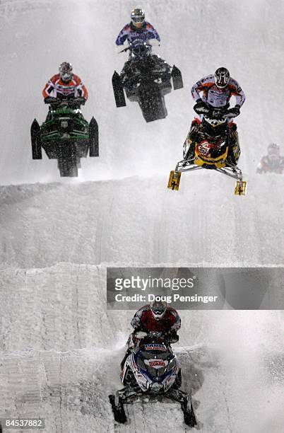 Competitors go head to head in the first round of Snowmobile Snocross during Winter X Games 13 on Buttermilk Mountain on January 23, 2009 in Aspen,...