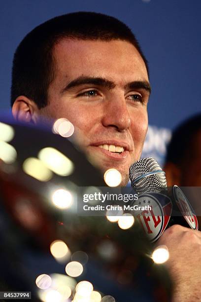 Joe Flacco of the Baltimore Ravens talks to the media during the "Diet Pepsi Rookie of the Year" press conference at the Tampa Convention Center on...