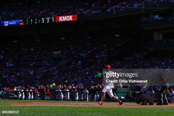 Jose Martinez of the St. Louis Cardinals singles against the Pittsburgh Pirates in the seventh inning at Busch Stadium on September 10, 2017 in St....