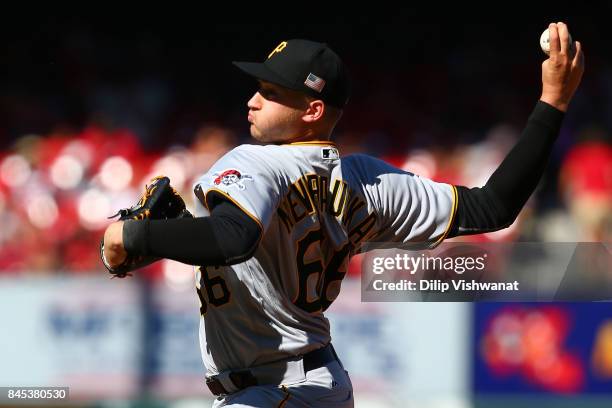 Dovydas Neverauskas of the Pittsburgh Pirates pitches against the St. Louis Cardinals in the eighth inning at Busch Stadium on September 10, 2017 in...