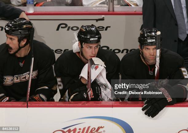 Ryan Getzlaf of the Anaheim Ducks sits on the bench with ice on the back of his neck against the Chicago Blackhawks during the game on January 28,...