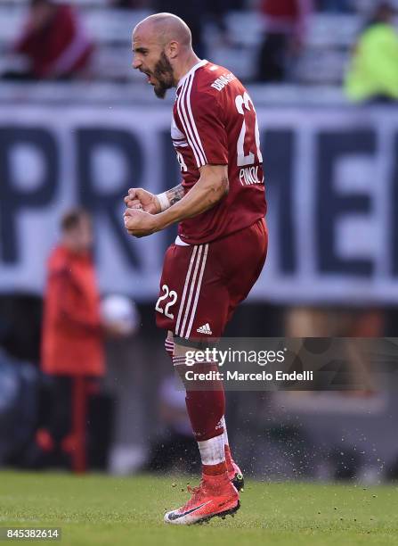 Javier Pinola of River Plate celebrates after scoring the first goal of his team during a match between River Plate and Banfield as part of Superliga...