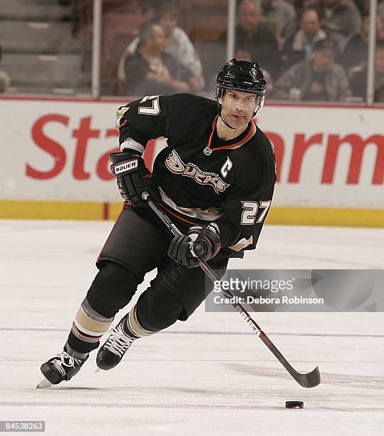 Scott Niedermayer of the Anaheim Ducks drives the puck against the Chicago Blackhawks during the game on January 28, 2009 at Honda Center in Anaheim,...