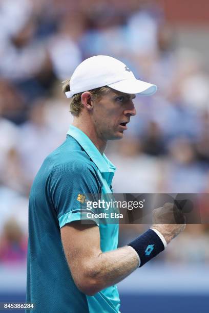 Kevin Anderson of South Africa reacts against Rafael Nadal of Spain during their Men's Singles finals match on Day Fourteen of the 2017 US Open at...