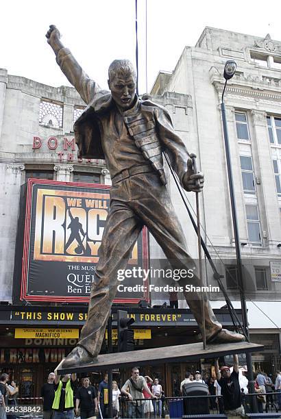 Freddie Mercury statue outside the Queen musical "We Will Rock You" at the Dominion Theatre in London, England, 2003.