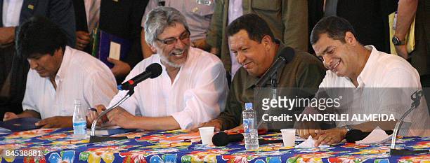 Bolivian President Evo Morales, Paraguay's Fernando Lugo, Venezuela's Hugo Chavez and Ecuador's Rafael Correa meet with peasants in Belem do Para,...