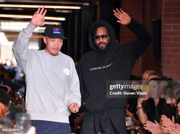 Creative directors and co-founders of Public School Dao-Yi Chow and Maxwell Osborne walk the runway for Public School fashion show during New York...