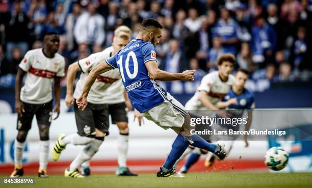 Nabil Bentalep scores his teams first goal during the Bundesliga match between FC Schalke 04 and VfB Stuttgart at Veltins-Arena on September 10, 2017...