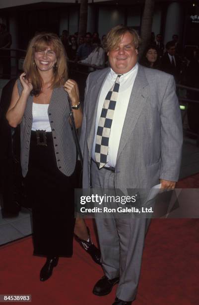 Actress Tawny Kitaen and actor Chris Farley attend the screening of "So I Married An Axe Murderer" on July 28, 1993 at the Hollywood Galaxy Theater...