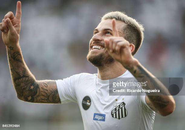 Lucas Lima of Santos celebrates his goal during the match between Santos and Corinthians as a part of Campeonato Brasileiro 2017 at Vila Belmiro...