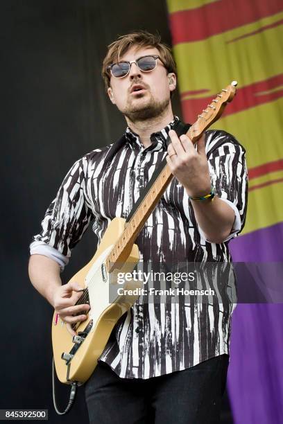 Singer Vincent Neff of the British band Django Django performs live on stage during second day at the Lollapalooza Festival on September 10, 2017 in...
