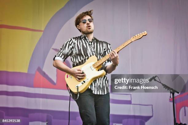 Singer Vincent Neff of the British band Django Django performs live on stage during second day at the Lollapalooza Festival on September 10, 2017 in...