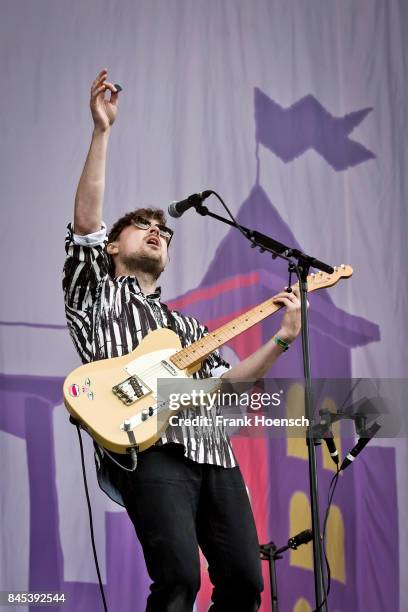 Singer Vincent Neff of the British band Django Django performs live on stage during second day at the Lollapalooza Festival on September 10, 2017 in...