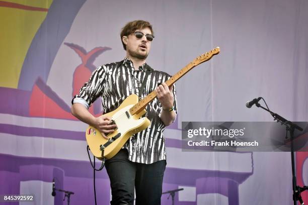 Singer Vincent Neff of the British band Django Django performs live on stage during second day at the Lollapalooza Festival on September 10, 2017 in...