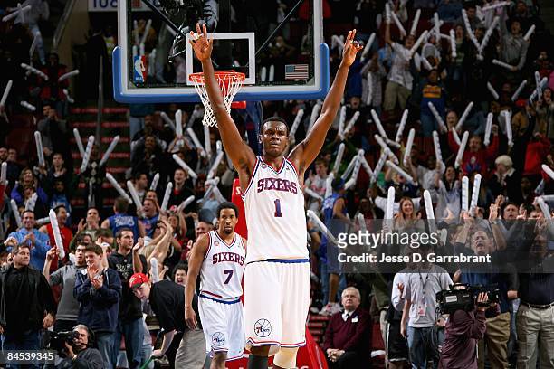 Samuel Dalembert of the Philadelphia 76ers celebrates a play during a game against the Indiana Pacers on December 20, 2008 at Wachovia Center in...