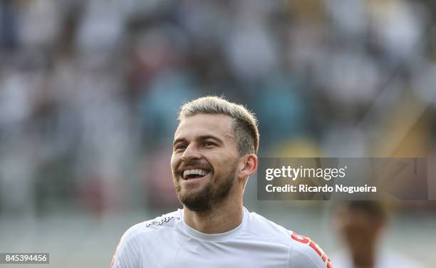 Lucas Lima of Santos celebrates his goal during the match between Santos and Corinthians as a part of Campeonato Brasileiro 2017 at Vila Belmiro...