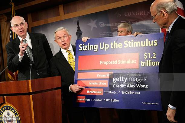 Sen. Robert Bennett and Sen. Jeff Sessions speak as Sen. Roger Wicker and Sen. Pat Roberts listen during a news conference on the economic stimulus...