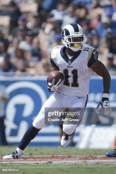 Tavon Austin of the Los Angeles Rams runs the ball during the third quarter in the game against the Indianapolis Colts at Los Angeles Memorial...