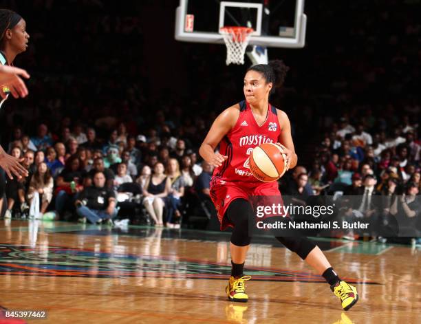 Kristi Toliver of the Washington Mystics handles the ball against the New York Liberty in Round Two of the 2017 WNBA Playoffs on September 10, 2017...