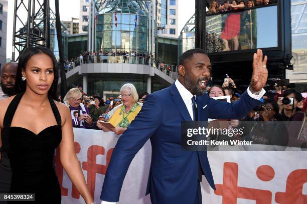 Sabrina Dhowre and Idris Elba attend "The Mountain Between Us" premiere during the 2017 Toronto International Film Festival at Roy Thomson Hall on...