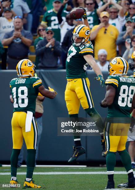 Jordy Nelson of the Green Bay Packers celebrates after making a 32-yard reception for a touchdown during the third quarter against the Seattle...