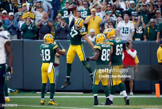 Jordy Nelson of the Green Bay Packers celebrates after making a 32-yard reception for a touchdown during the third quarter against the Seattle...