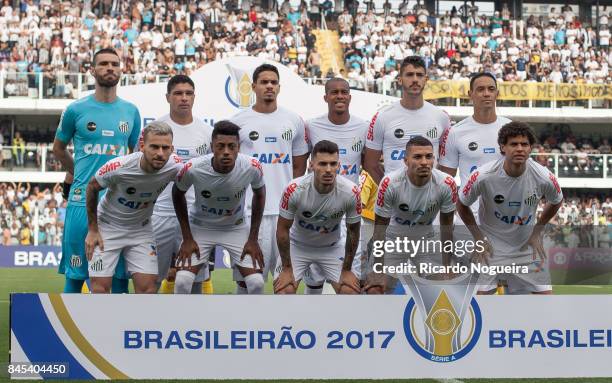 Players of Santos pose for a photo before the match between Santos and Corinthians as a part of Campeonato Brasileiro 2017 at Vila Belmiro Stadium on...