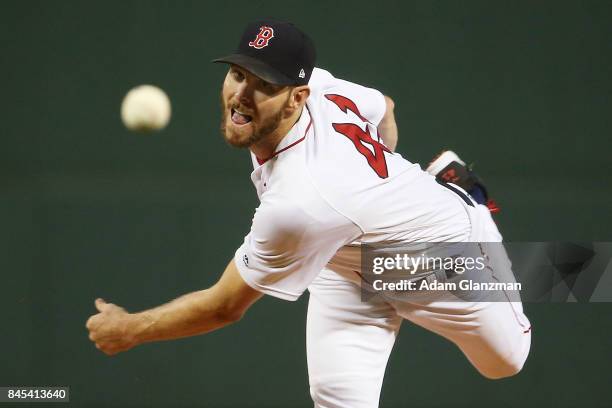 Chris Sale of the Boston Red Sox delivers in the first inning of a game against the Tampa Bay Rays at Fenway Park on September 9, 2017 in Boston,...