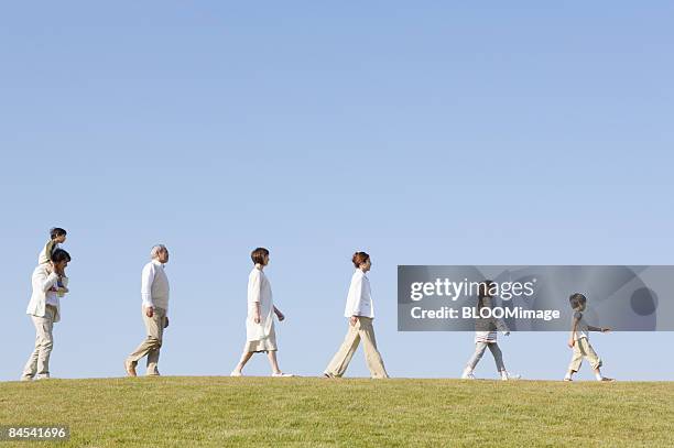 multi-generation family walking in line, side view - japanese girls hot fotografías e imágenes de stock