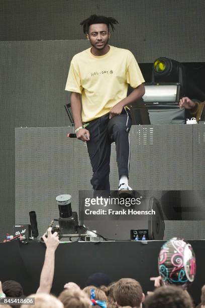American rapper Adam Amine Daniel aka Amine performs live on stage during second day at the Lollapalooza Festival on September 10, 2017 in...