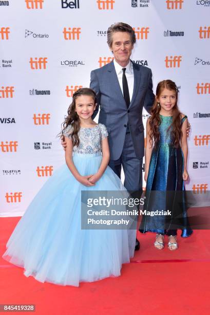 Child actresses Brooklynn Prince, Valeria Cotto and actor Willem Dafoe attend the "The Florida Project" premiere at the Ryerson Theatre on September...