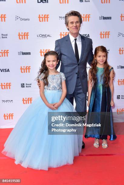 Child actresses Brooklynn Prince, Valeria Cotto and actor Willem Dafoe attend the "The Florida Project" premiere at the Ryerson Theatre on September...