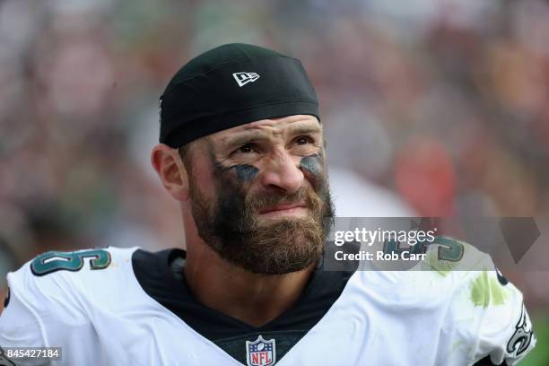 Defensive end Chris Long of the Philadelphia Eagles looks on against the Washington Redskins at FedExField on September 10, 2017 in Landover,...