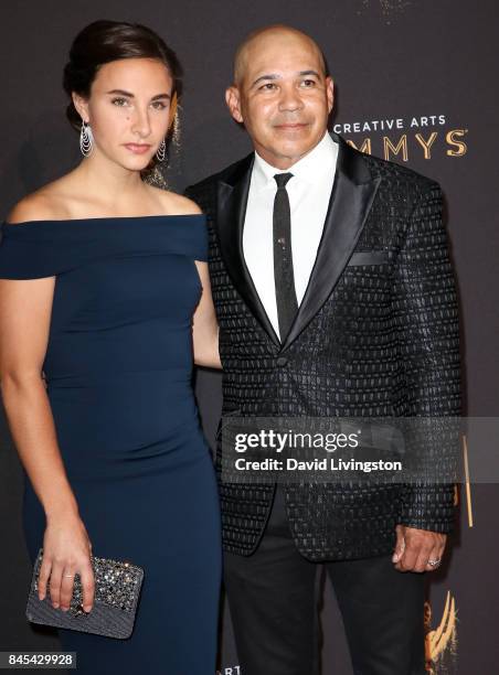 Actress Katherine Cronyn and actor Eddie Perez attends the 2017 Creative Arts Emmy Awards at Microsoft Theater on September 10, 2017 in Los Angeles,...