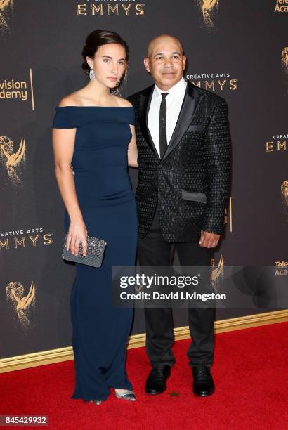 Actress Katherine Cronyn and actor Eddie Perez attends the 2017 Creative Arts Emmy Awards at Microsoft Theater on September 10, 2017 in Los Angeles,...