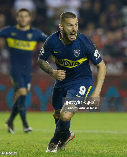 Dario Benedetto of Boca Juniors celebrates after scoring the first goal of his team during a match between Lanus and Boca Juniors as part of the...