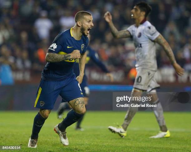 Dario Benedetto of Boca Juniors celebrates after scoring the first goal of his team during a match between Lanus and Boca Juniors as part of the...