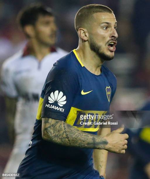 Dario Benedetto of Boca Juniors celebrates after scoring the first goal of his team during a match between Lanus and Boca Juniors as part of the...