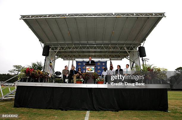 Commissioner Roger Goodell announces a $1 million donation to the Tampa Bay YET Centers during a presss conference at Mort Park on January 29, 2009...