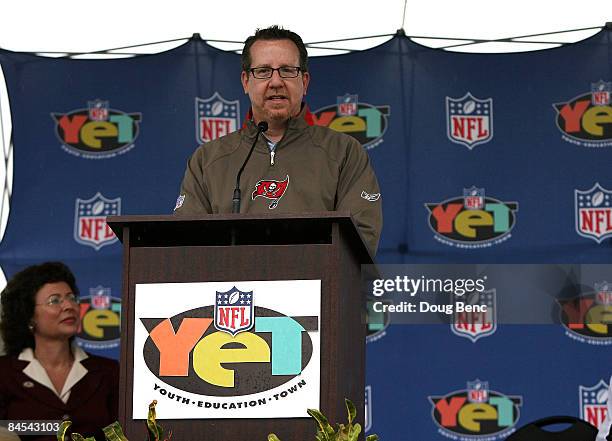 Tampa Bay Buccaneers Co-Chairman Bryan Glazer speaks as NFL Commissioner Roger Goodell announces a $1 million donation to the Tampa Bay YET Centers...