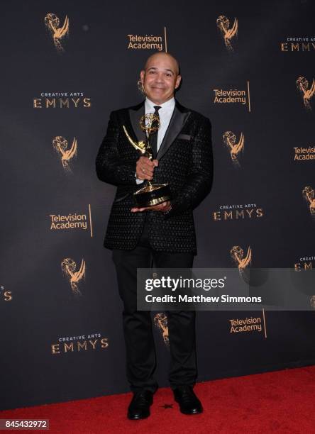 Eddie Perez poses in the press room at the 2017 Creative Arts Emmy Awards at Microsoft Theater on September 10, 2017 in Los Angeles, California.