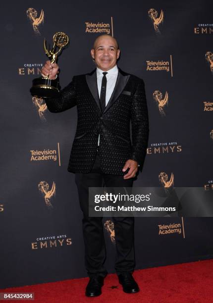 Eddie Perez poses in the press room at the 2017 Creative Arts Emmy Awards at Microsoft Theater on September 10, 2017 in Los Angeles, California.